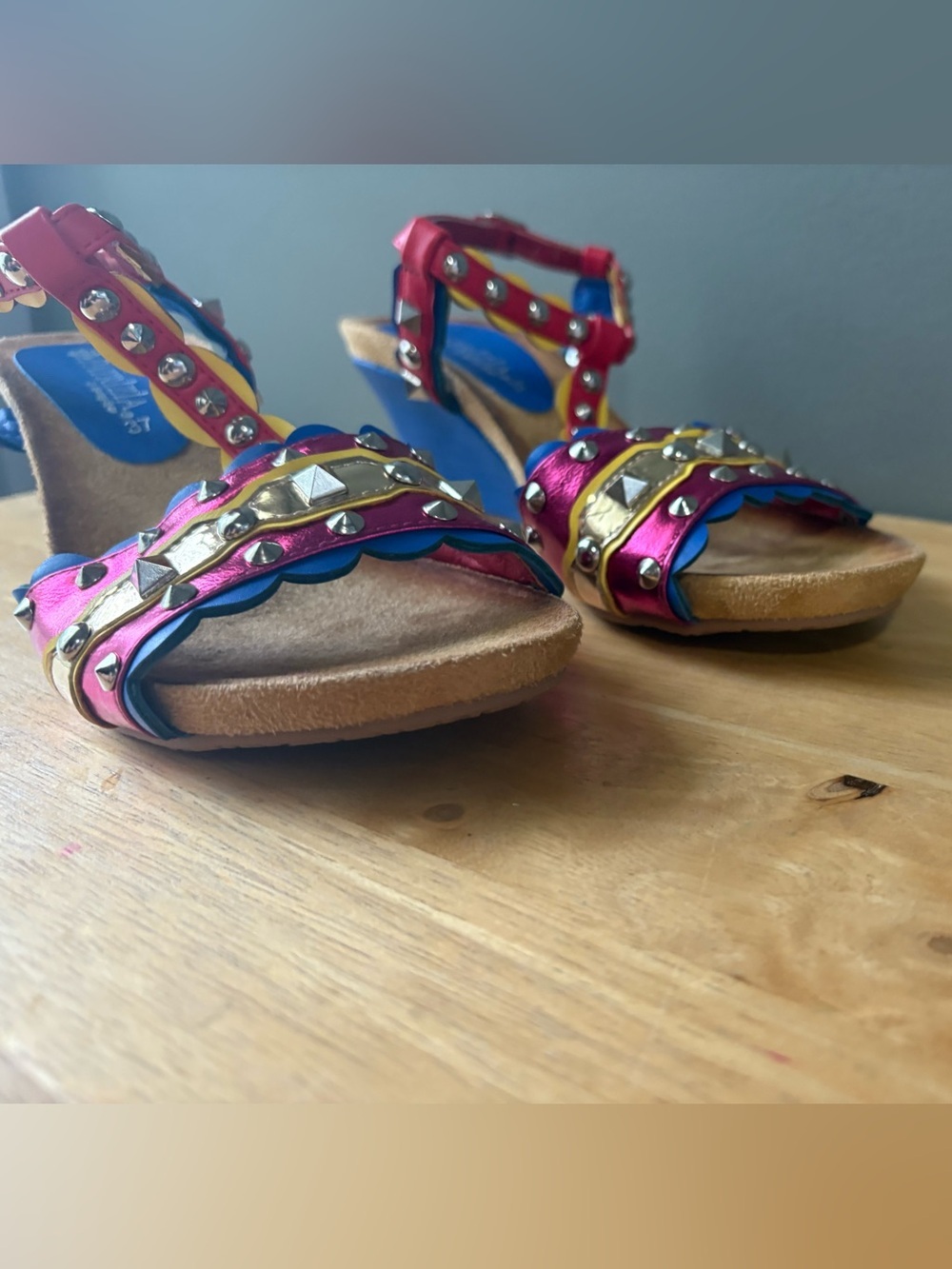 Patrizia Colorful Studded Wedge Sandals Size 37 EU Boho Festival Ankle Strap - Picture 5 of 9